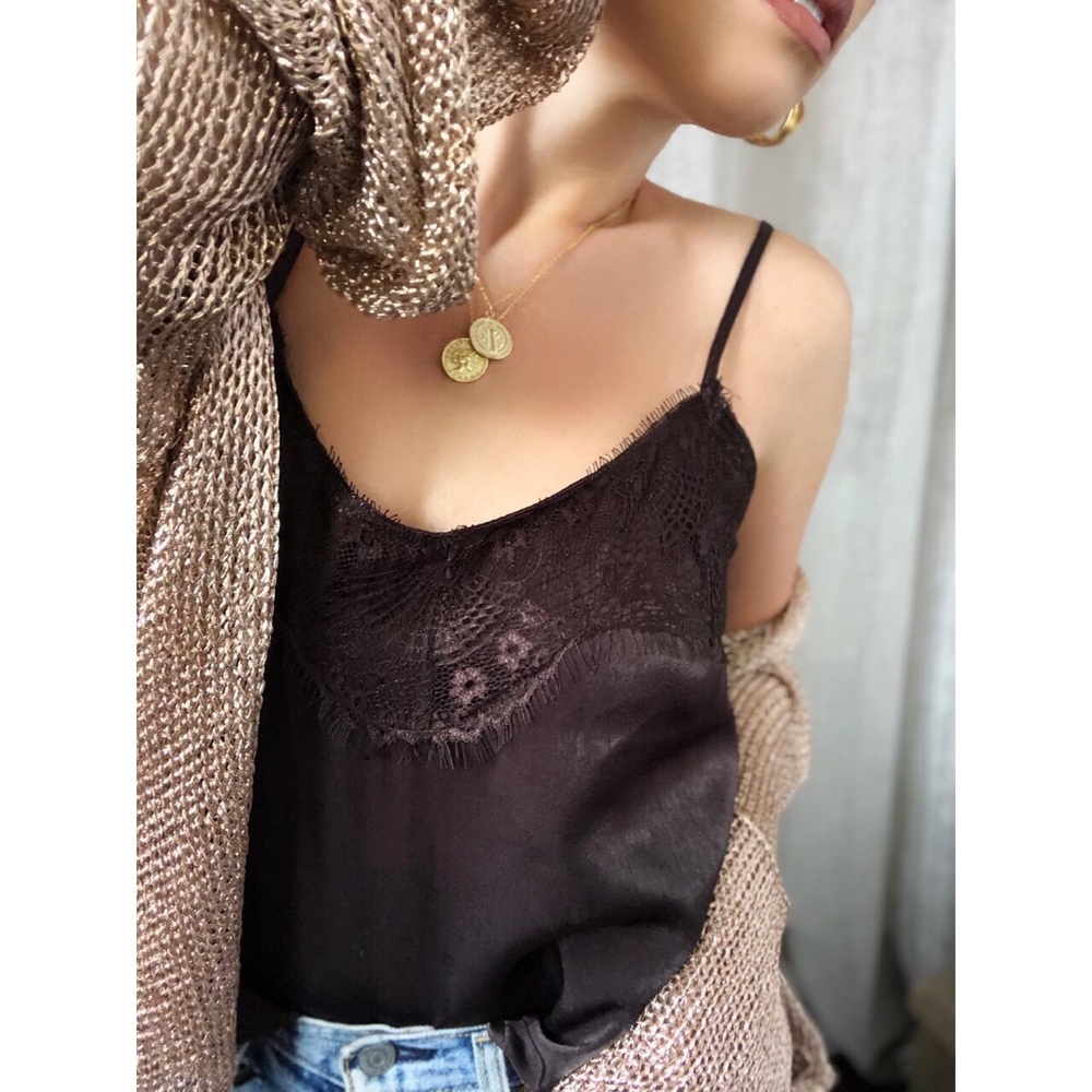 🆕Coralee Chocolate Brown Satin & Lace Cami Top - Picture 2 of 8